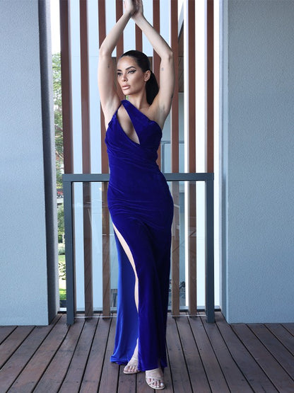 Sheath column velvet pleated single shoulder sleeveless floor mop sweet dress