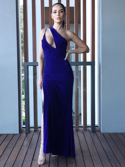Sheath column velvet pleated single shoulder sleeveless floor mop sweet dress