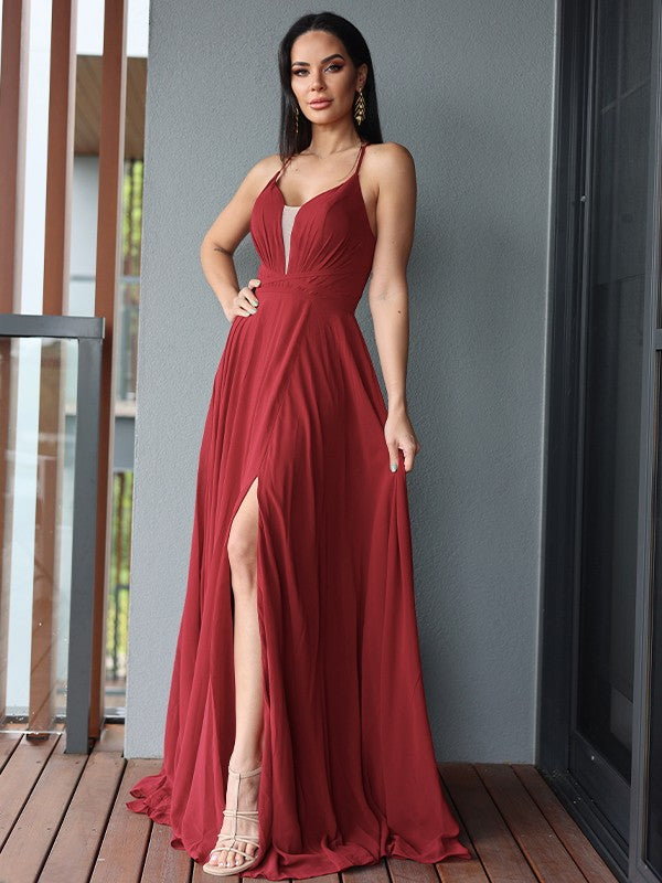 A-line princess chiffon ruffled V-neck sleeveless sexy strapless dress