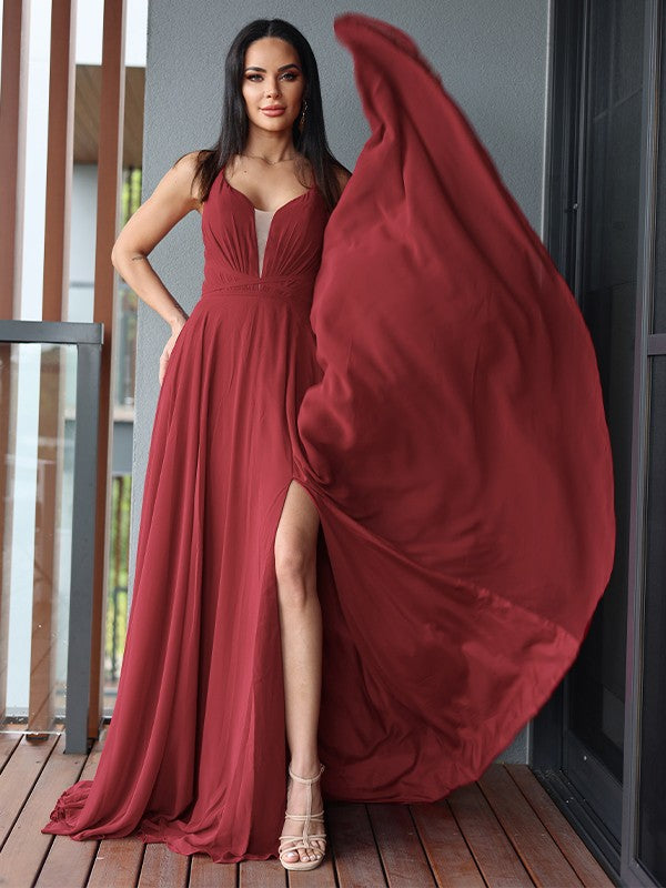A-line princess chiffon ruffled V-neck sleeveless sexy strapless dress