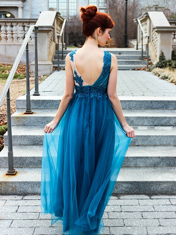 A-line Sweet Princess Tulle Applique Elegant V-neck Sleeveless Floor Skirt