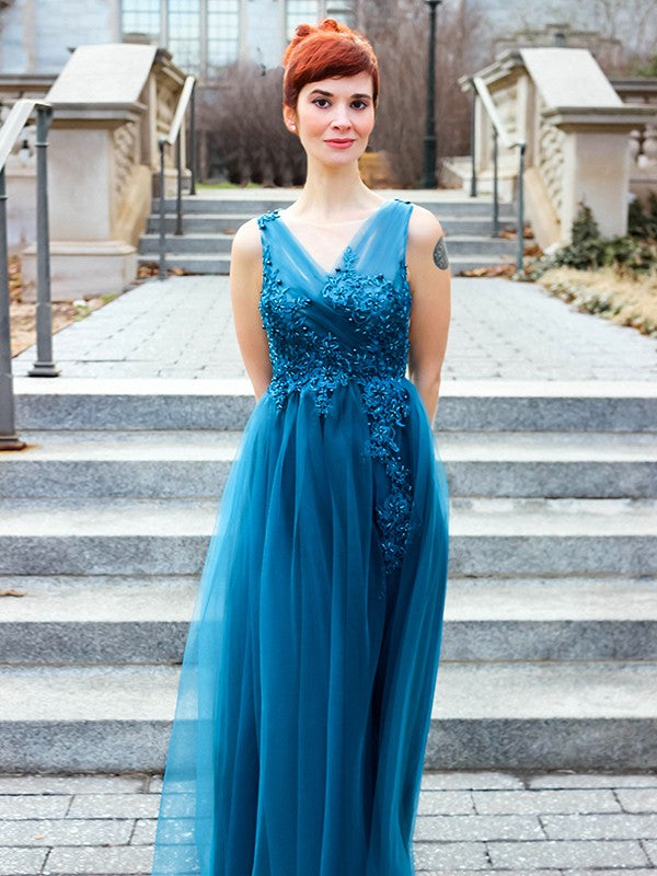 A-line Sweet Princess Tulle Applique Elegant V-neck Sleeveless Floor Skirt