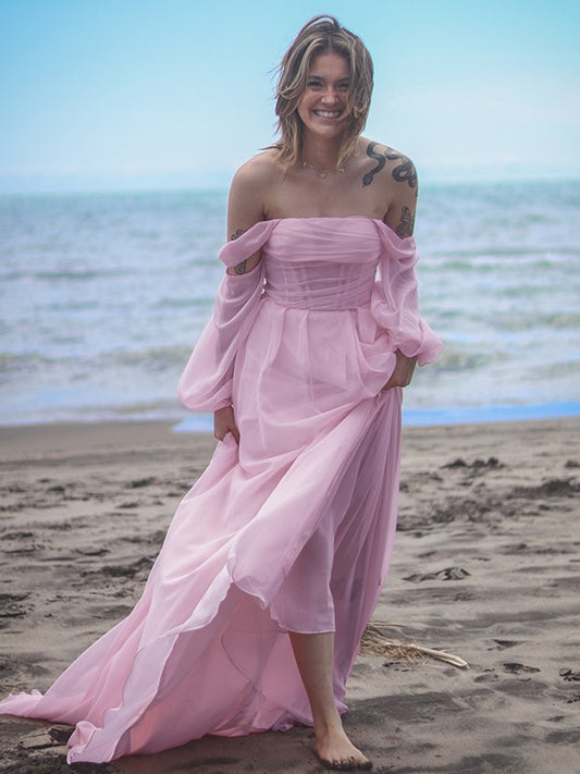 A-line skirt princess 30D chiffon sexy off shoulder long sleeved dress