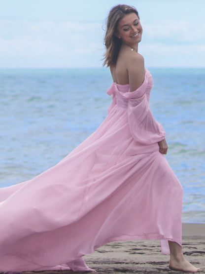 A-line skirt princess 30D chiffon sexy off shoulder long sleeved dress