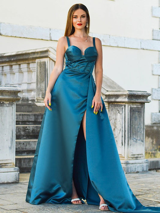 A-line Princess satin pleated shoulder strap sleeveless sweeping wool dress
