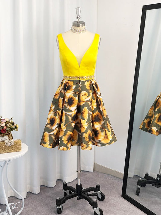 A-line beautiful princess satin ruffled V-neck sleeveless mini dress
