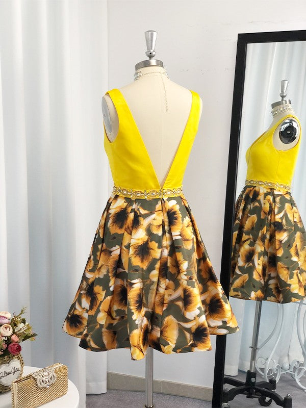 A-line beautiful princess satin ruffled V-neck sleeveless mini dress