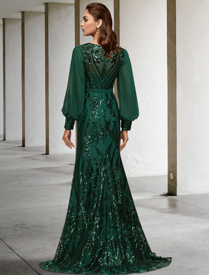 Mermaid Bride Mom Dress Wedding Guests Sparkling Jewelry Neckpiece/Brush Tail Chiffon Sequins Long Sleeves with Sequins