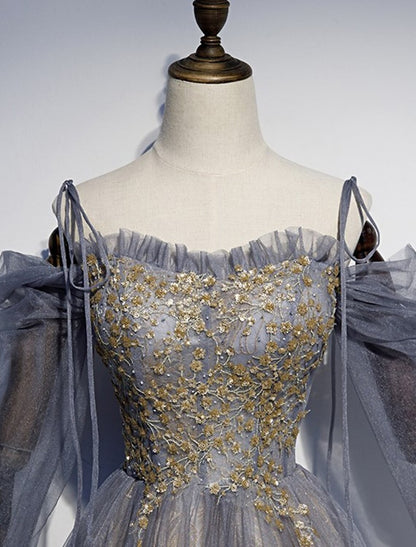 A-shaped ball sparkling elegant and noble dress wedding guests engaged ground length 3/4 long sleeves thin shoulder straps sequin embroidery thin gauze