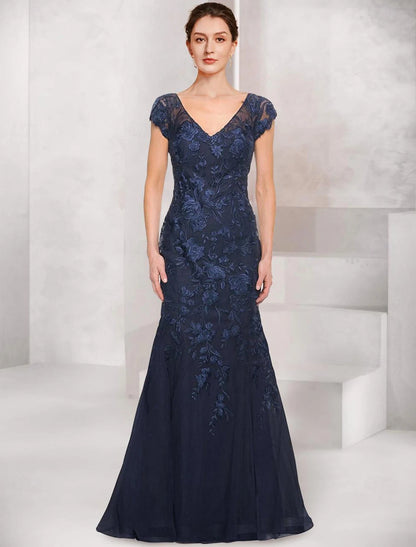 Bride Mom Mermaid Loudspeaker Dress Elegant Black Dress V-neck Floor Chiffon Cap Sleeves Lace Ruffle
