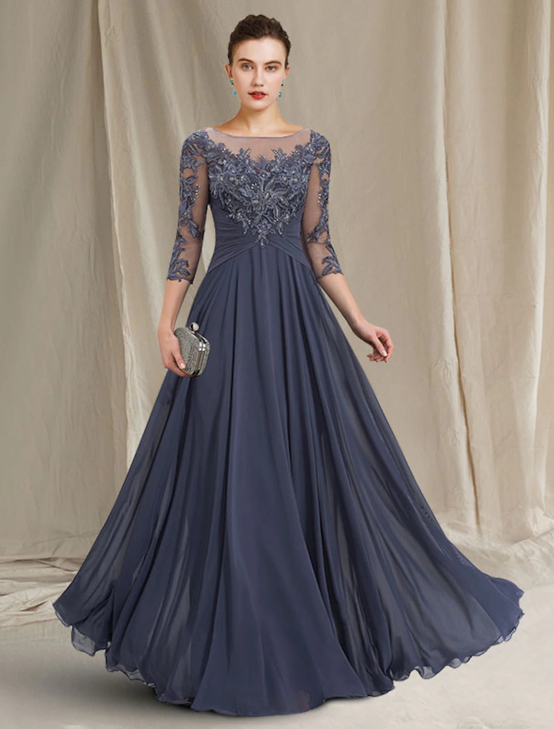 Bride Mom Dress Jewel Neck to Floor Length Chiffon Lace 3/4 Long Sleeves with Folded Applique