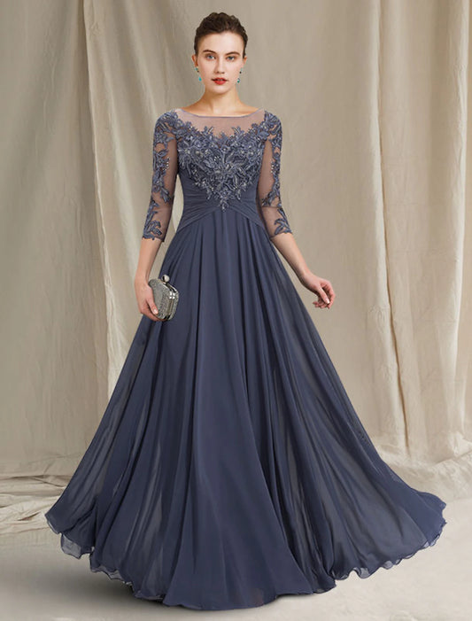 Bride Mom Dress Jewel Neck to Floor Length Chiffon Lace 3/4 Long Sleeves with Folded Applique