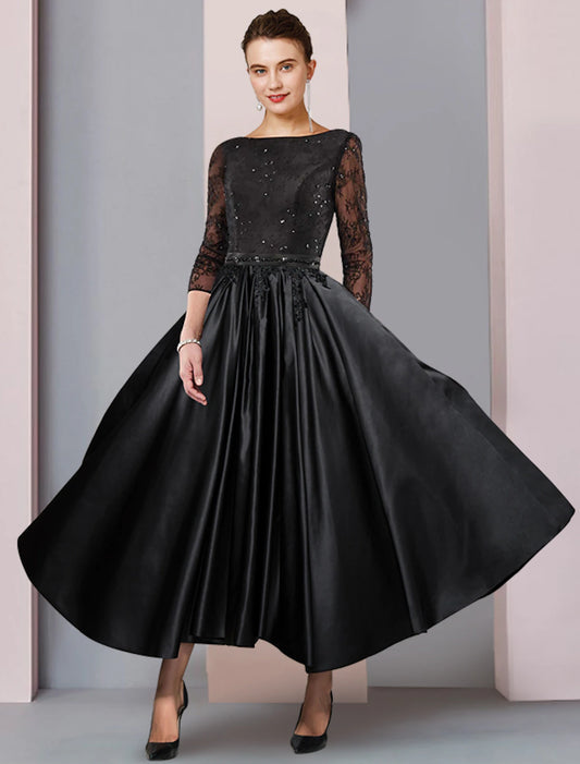 A-shaped Bride Mom Trendy Dress Formal Wedding Guest Party Low Round Neck Tea Long Satin Lace 3/4 Long Sleeves with Waist Ribbon Fold