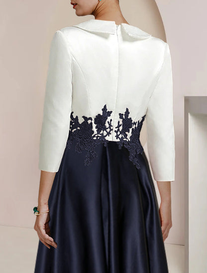 A-line Bride Mom Dress Formal Wedding Guests High and Low Shirt Collar Asymmetric Tea Long Satin Lace 3/4 Long Sleeves with Applique Color Blocks