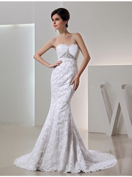 Small Sweet Mermaid Beaded Sweetheart Sleeveless Taffeta Long Wedding Dress