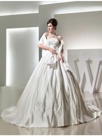 Elegant beaded long sleeveless satin formal wedding dress