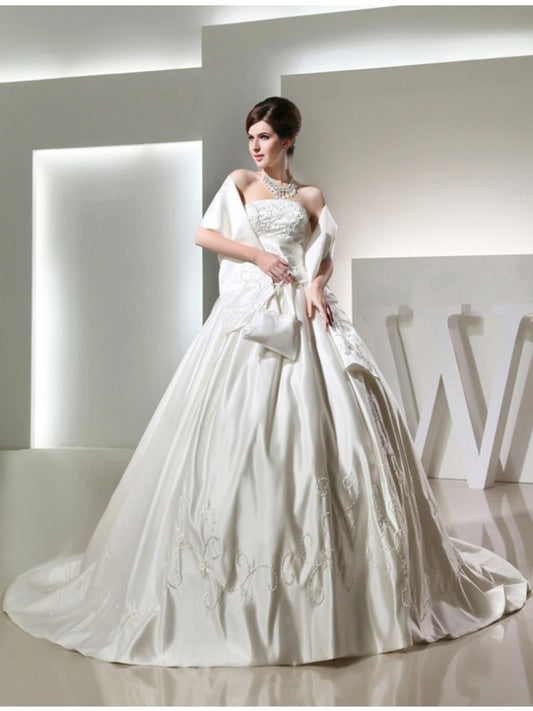 Elegant beaded long sleeveless satin formal wedding dress