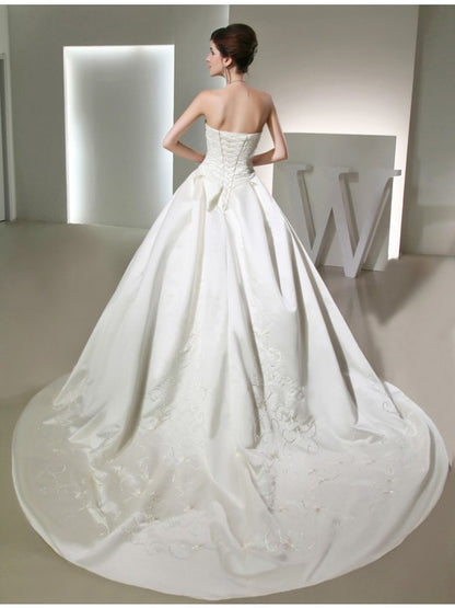 Elegant beaded long sleeveless satin formal wedding dress