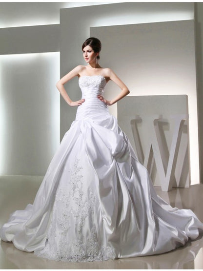 Beaded long satin sleeveless formal wedding dress