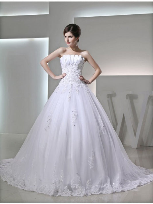 Elegant beaded sleeveless satin decal formal wedding dress