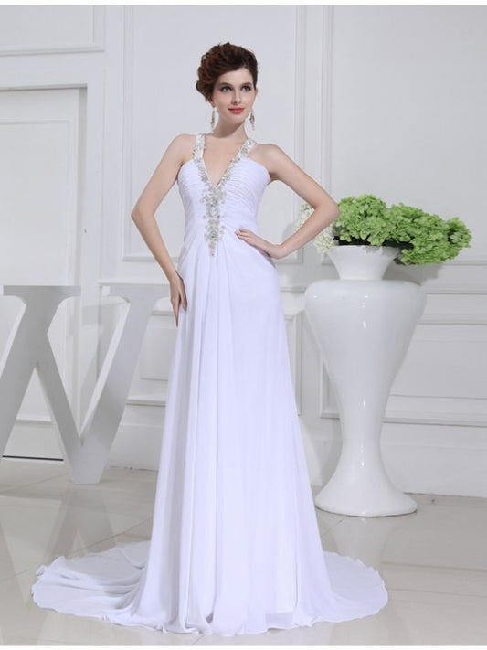 A-line Princess Pearl Sexy V-neck Sleeveless Chiffon Wedding Dress