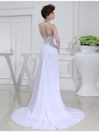A-line Princess Pearl Sexy V-neck Sleeveless Chiffon Wedding Dress