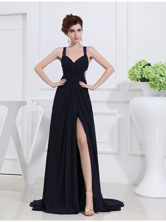 A-line Sweet Princess Pearl V-neck Sleeveless Long Chiffon Dress