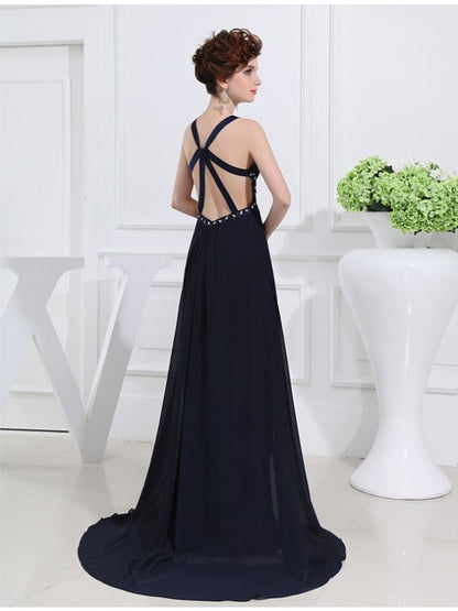A-line Sweet Princess Pearl V-neck Sleeveless Long Chiffon Dress