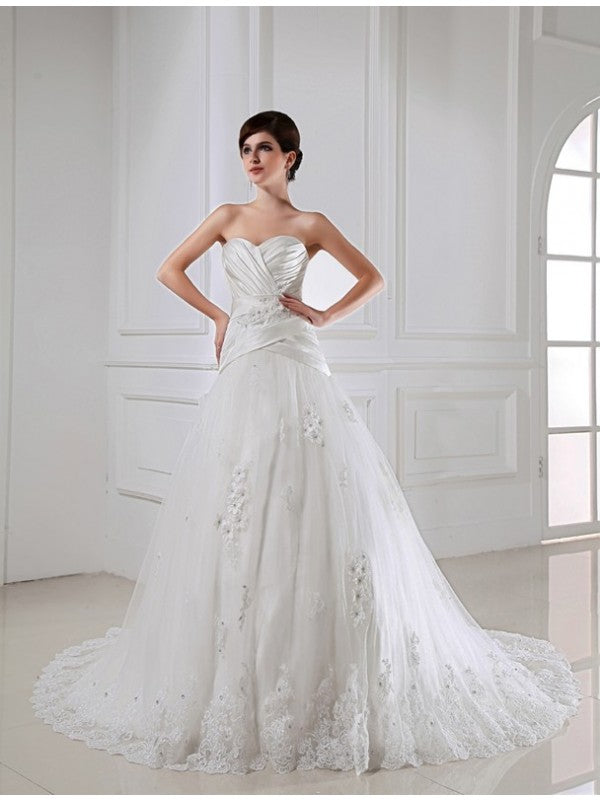 A-line princess pearl inlaid with sweet sleeveless satin sheer wedding dress