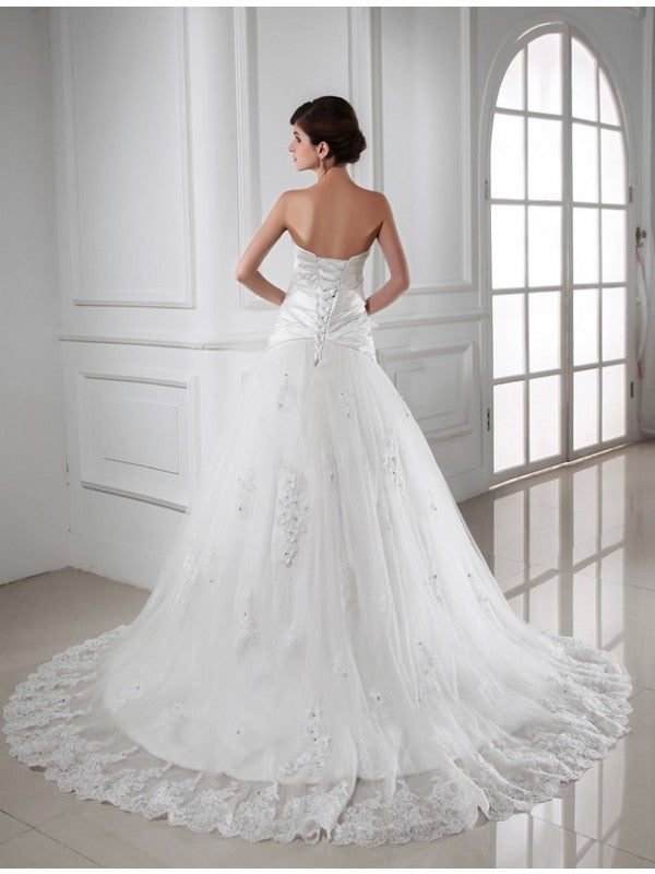 A-line princess pearl inlaid with sweet sleeveless satin sheer wedding dress