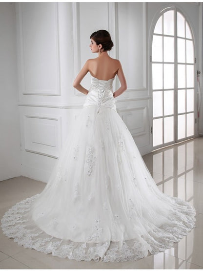 A-line princess pearl inlaid with sweet sleeveless satin sheer wedding dress