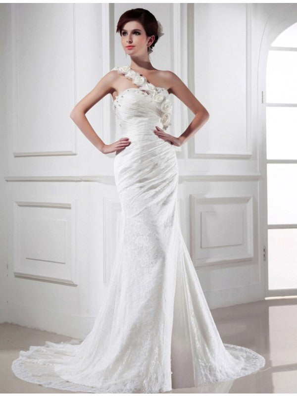 Loudspeaked Mermaid Beaded Sexy One Shoulder Sleeveless Lace Satin Long Wedding Dress