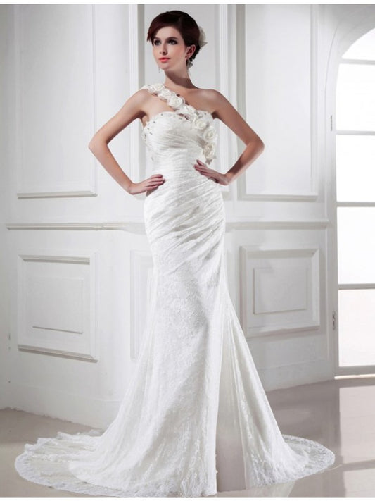Loudspeaked Mermaid Beaded Sexy One Shoulder Sleeveless Lace Satin Long Wedding Dress