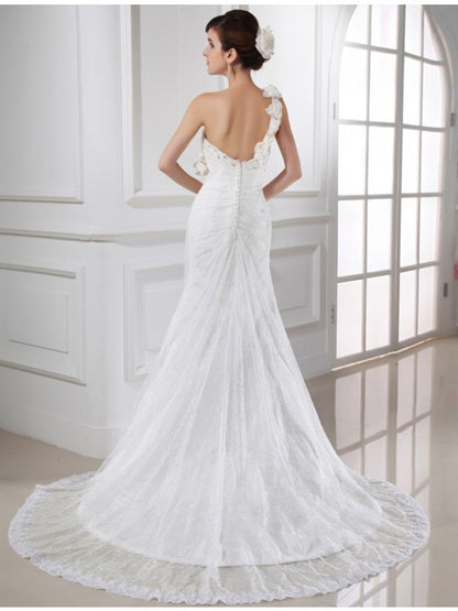 Loudspeaked Mermaid Beaded Sexy One Shoulder Sleeveless Lace Satin Long Wedding Dress