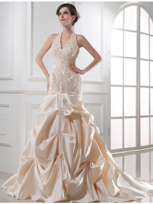 Loudspeaked Mermaid Beaded Halter Sleeveless Satin Wedding Dress