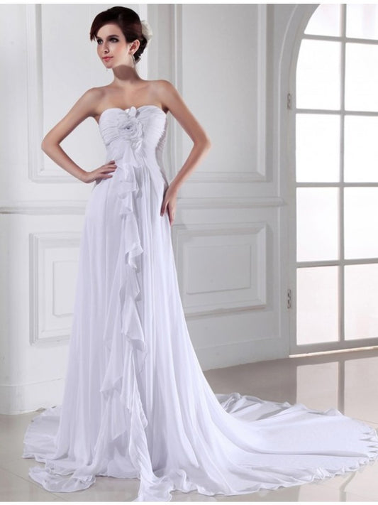 Customized Handmade Flower Sweetheart Sleeveless Chiffon Long Wedding Dress