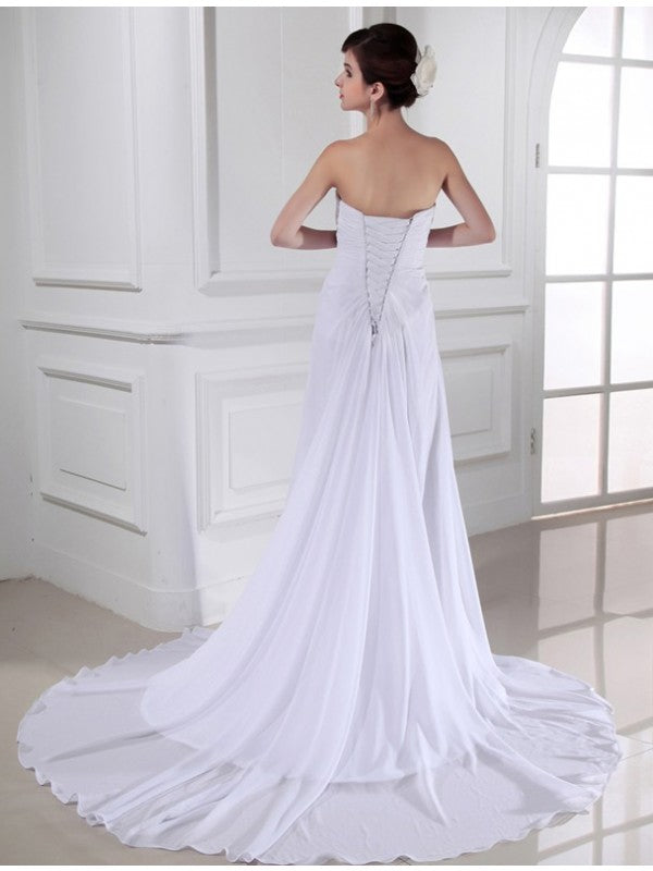 Customized Handmade Flower Sweetheart Sleeveless Chiffon Long Wedding Dress