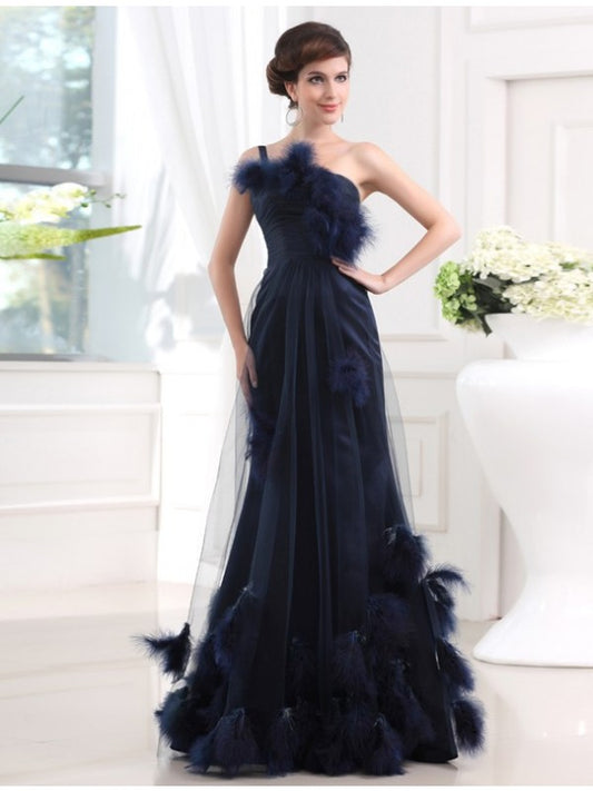 Elegant Mermaid One Shoulder Sleeveless Satin sheer feather fur dress