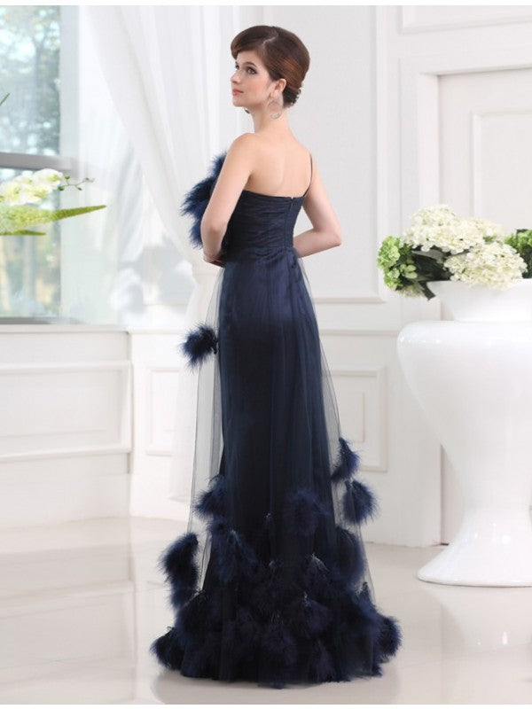 Elegant Mermaid One Shoulder Sleeveless Satin sheer feather fur dress