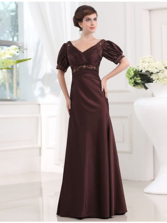 Sleeved cylindrical bead V-neck long satin dress