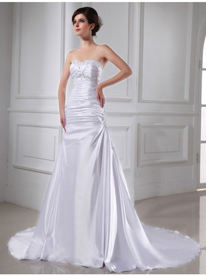 A-line Princess Pearl Applique Sleeveless Elastic Woven Satin Wedding Dress