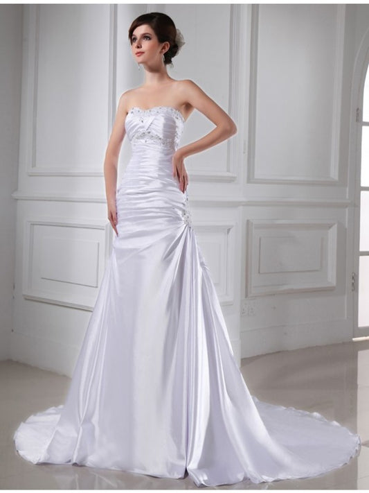 A-line Princess Pearl Applique Sleeveless Elastic Woven Satin Wedding Dress