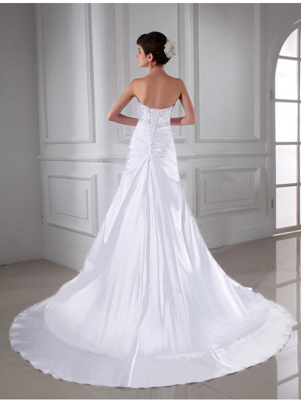 A-line Princess Pearl Applique Sleeveless Elastic Woven Satin Wedding Dress