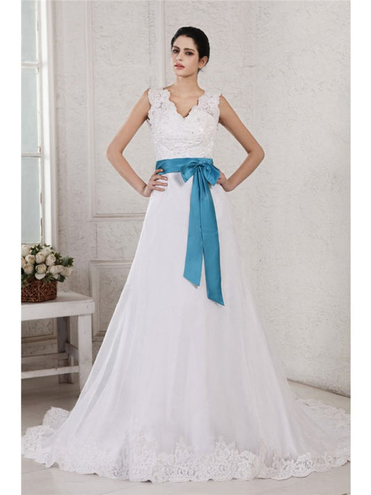 A-line elegant princess V-neck sleeveless inlaid long satin wedding dress