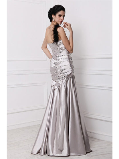 Princess Sweet Sleeveless Beaded Folded Elastic Woven Satin Long Dress