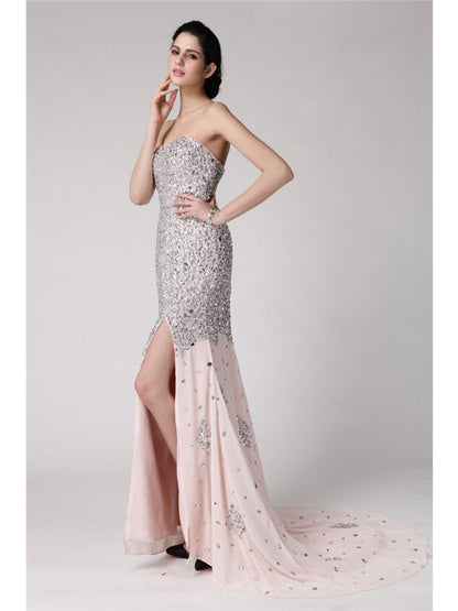 Mermaid Sweetheart Sleeveless Beaded Water Diamond Long Elegant Chiffon Dress