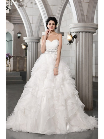Sweet Sleeveless Beaded Long Organza Wedding Dress