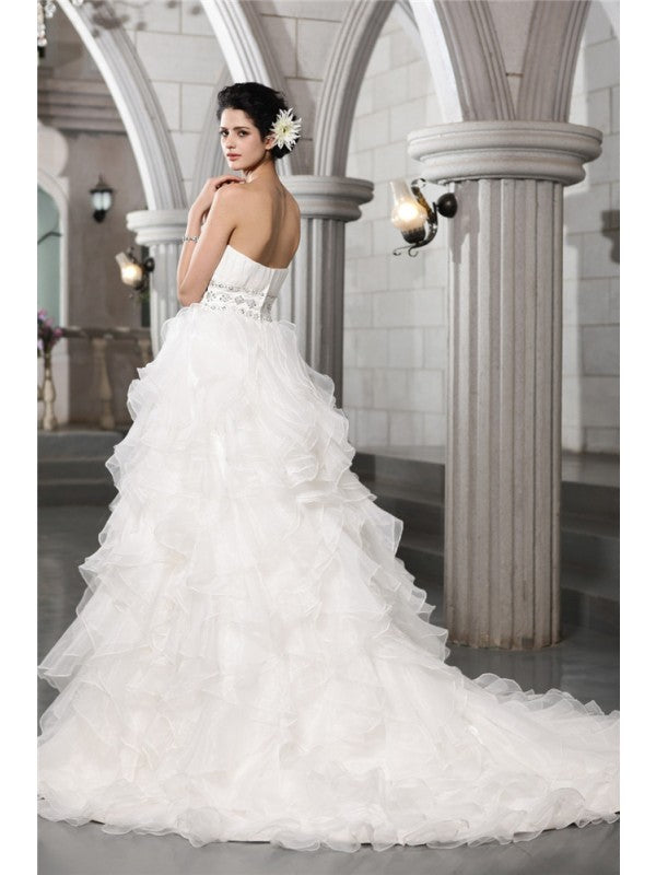 Sweet Sleeveless Beaded Long Organza Wedding Dress