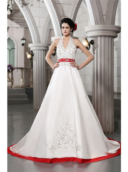 A-line elegant princess V-neck sleeveless beaded embroidered long satin wedding dress