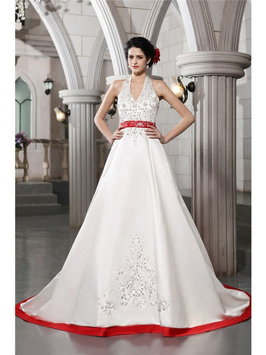 A-line elegant princess V-neck sleeveless beaded embroidered long satin wedding dress